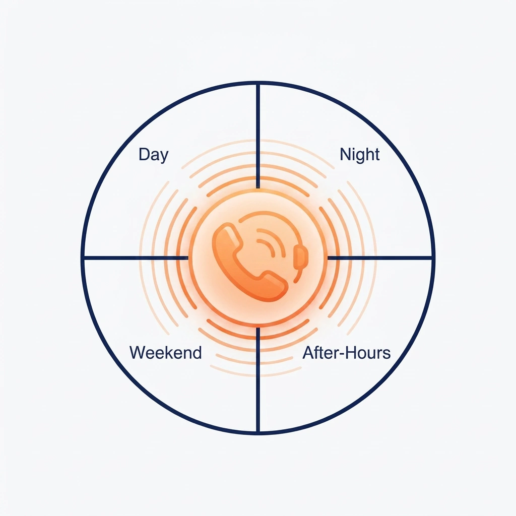 Phone icon at the center of a circle labeled Day, Night, Weekend, and After-Hours, representing round-the-clock call answering