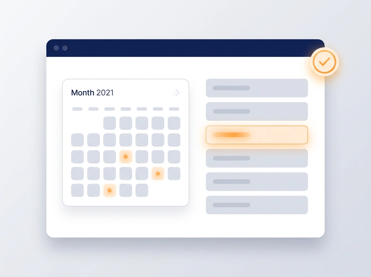 Online booking calendar with selected dates next to a synced appointment list
