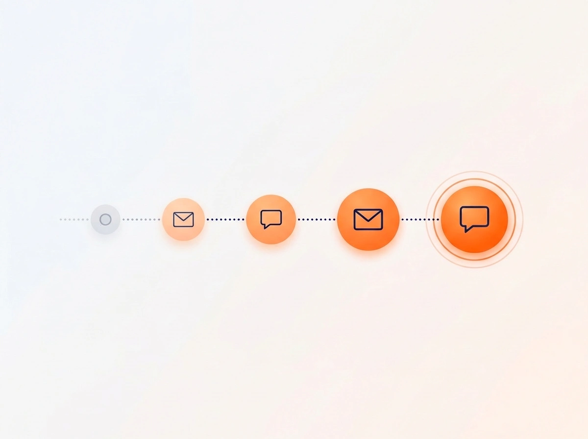 Connected email and text icons illustrating an automated follow-up sequence