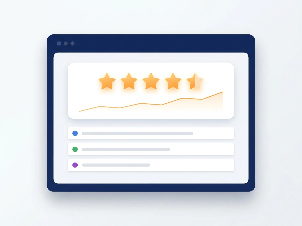 Browser window showing a 5-star rating trending upward above a list of review sources