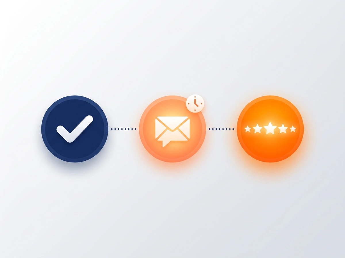 Completed job icon connecting to a timed email and a 5-star review request