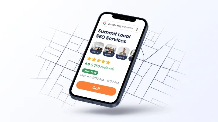 Smartphone showing a Google Maps business listing with a 4.9-star rating, hours, and a Call button