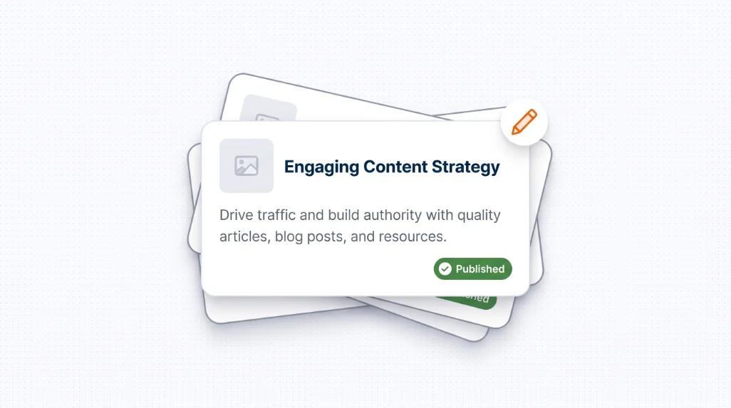 Stack of content cards showing a published 'Engaging Content Strategy' article
