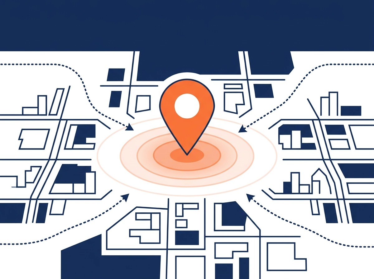Map illustration with a glowing location pin at the center of a local search radius