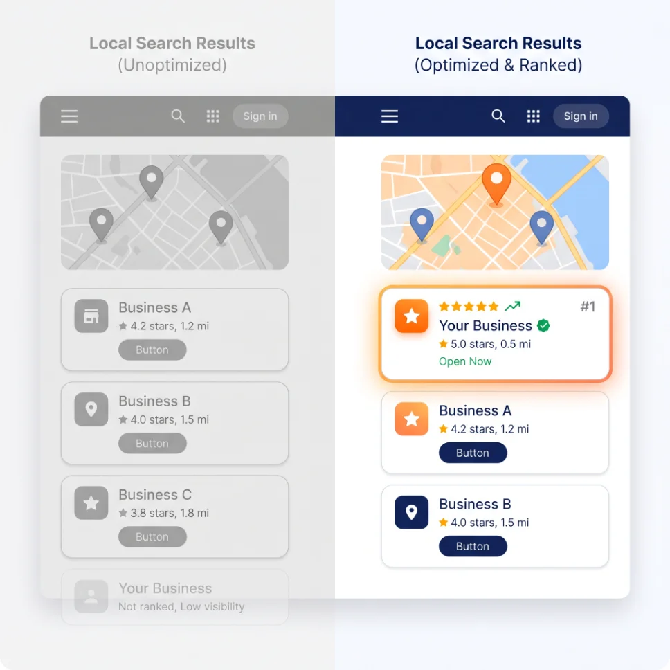 Side-by-side comparison of unoptimized local search results next to an optimized, #1-ranked business listing
